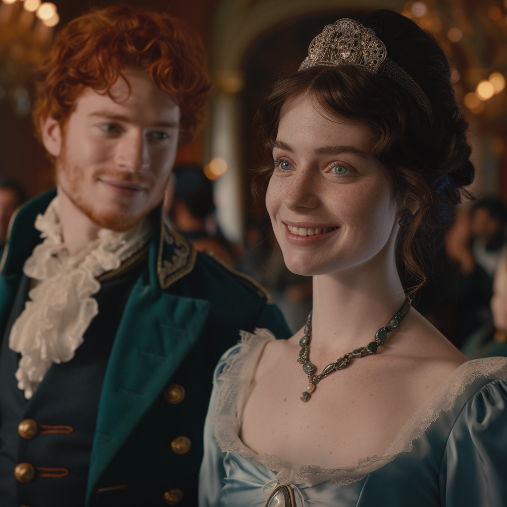 Emma Mackey and Jack O'Connell in period costumes, with Emma in an elegant gown and tiara and Jack in a formal military uniform, on set of a historical drama film