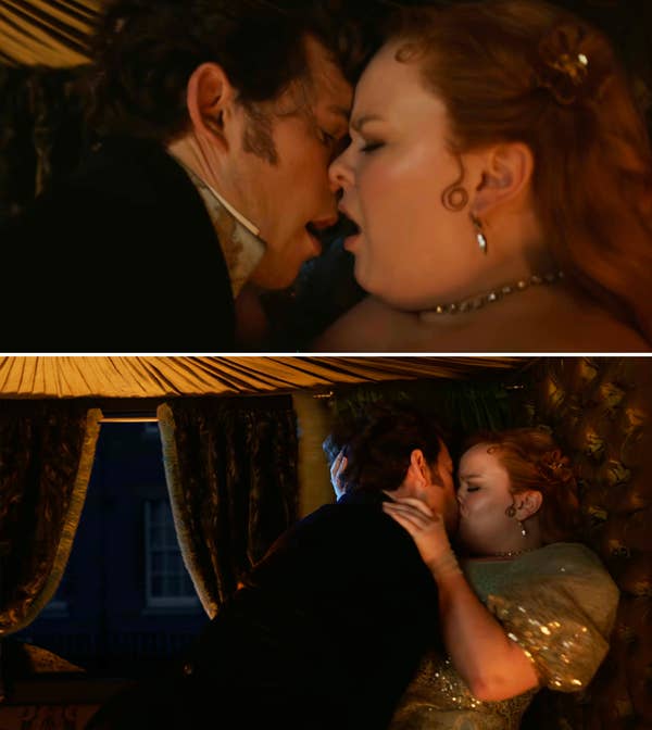 Two close-ups of Colin and Penelope kissing