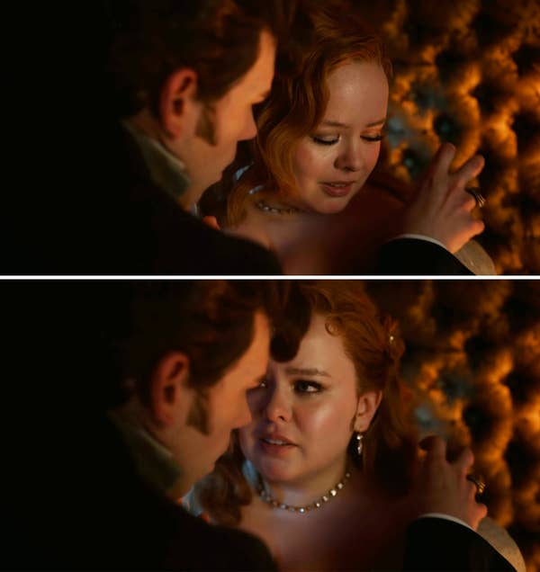 Colin fixing Penelope&#x27;s sleeve of her dress with only two fingers