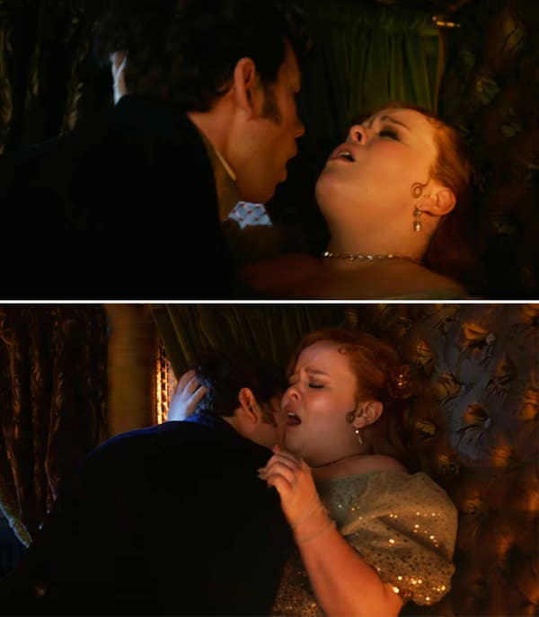 Two close-ups of Colin and Penelope kissing
