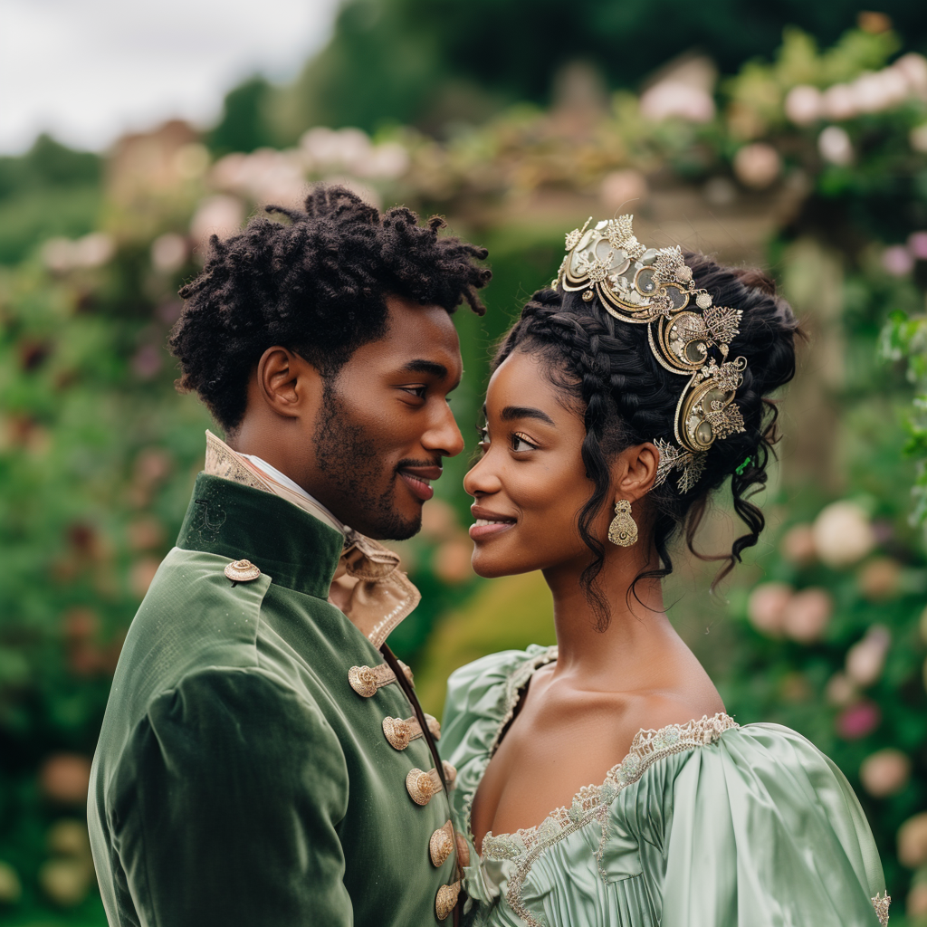 Two people in ornate period costumes, gazing at each other with smiles. The woman wears a detailed headpiece, the man wears a buttoned jacket