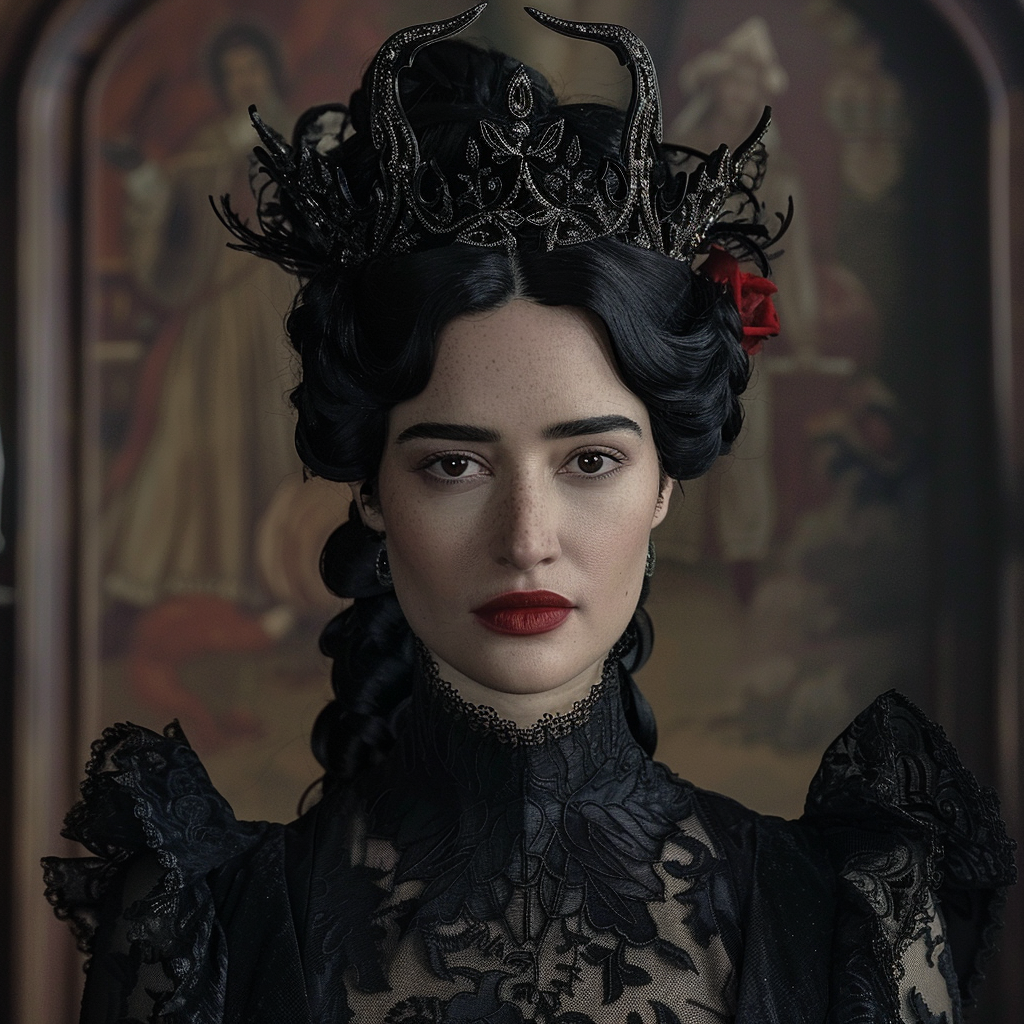 Ana de Armas in a period costume with a gothic style black lace dress, red rose in hair, and an ornate black crown