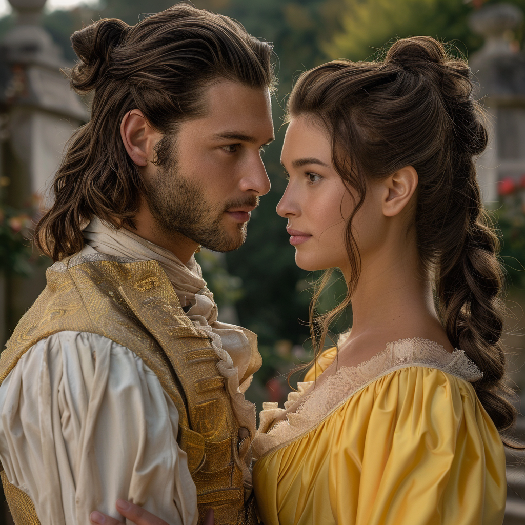 A man and a woman in period costumes stare into each other's eyes. The man wears a ruffled shirt and decorative vest, the woman wears a ruffled dress