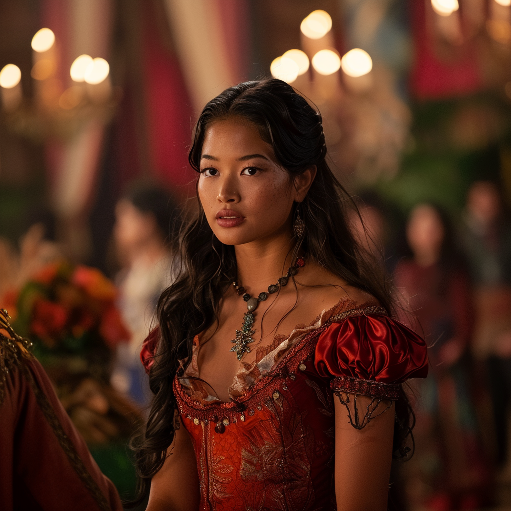 Yara Shahidi in an ornate, off-the-shoulder dress and intricate necklace, in a regal, candlelit setting