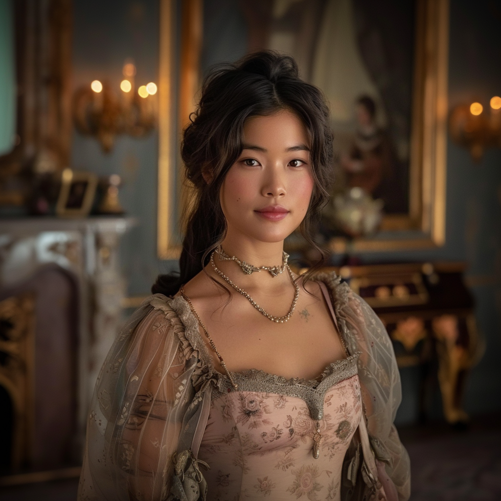 A woman in an ornate room, wearing a Victorian-style gown with lace details and floral accents. She has long, styled hair and wears elegant jewelry