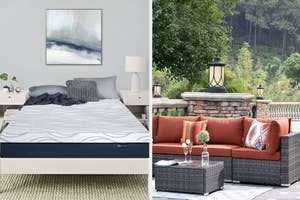 Bedroom scene featuring a neatly made bed with pillows and a nightstand on the left, and an outdoor patio with a wicker sofa set on the right.
