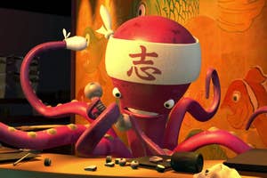 An animated octopus with a headband works diligently, using multiple tentacles to cut sushi in a restaurant