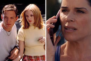 Matthew Lillard and Rose McGowan sitting together in casual clothing; Neve Campbell talking on a phone, looking serious