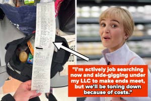 Hand holding a long grocery receipt with an arrow pointing to a person saying, "I'm actively job searching now and side-gigging under my LLC to make ends meet, but we'll be toning down because of costs."