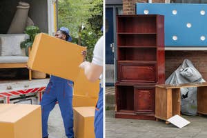 Moving crew in blue uniforms unloads furniture from a truck (left). Discarded bookshelf and desk with broken drawer placed by a building (right)