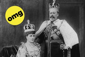 King Edward VII and Queen Alexandra in royal attire with crowns, accompanied by a yellow "omg" bubble for humorous effect