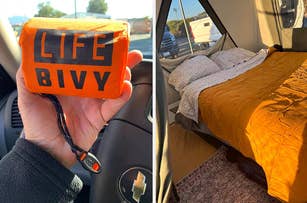 on the left a person holding an orange Life Bivy emergency sleeping bag packed down, on the right cot and air mattress in tent