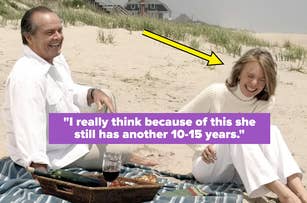 Jack Nicholson and Diane Keaton sitting on a blanket at a beach, laughing. A yellow arrow points to Diane Keaton with a quote overlay: "I really think because of this she still has another 10-15 years."
