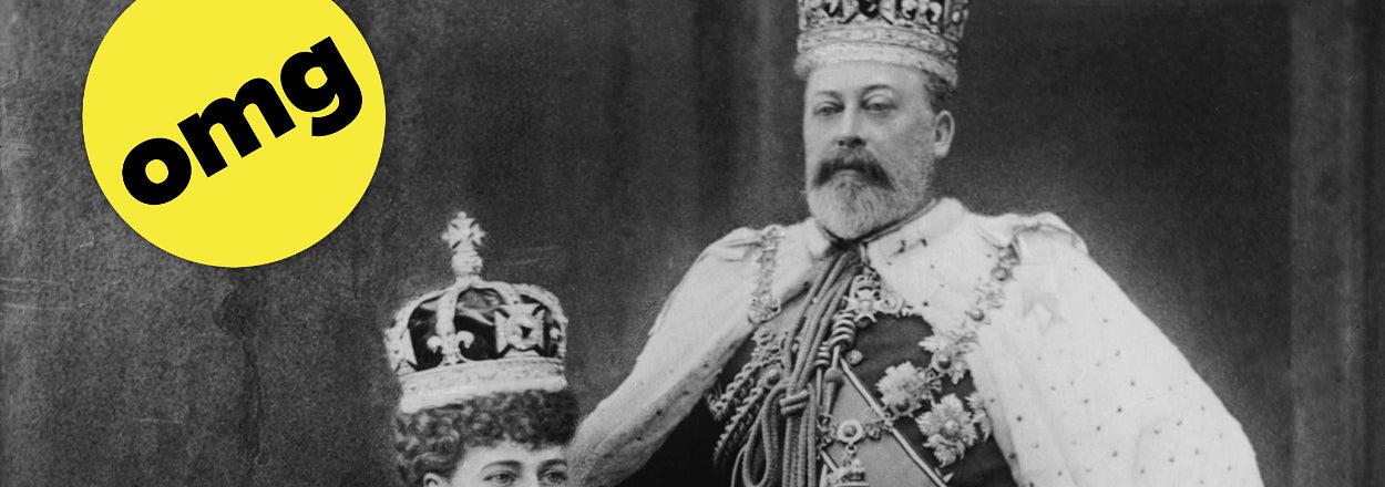 King Edward VII and Queen Alexandra in royal attire with crowns, accompanied by a yellow "omg" bubble for humorous effect