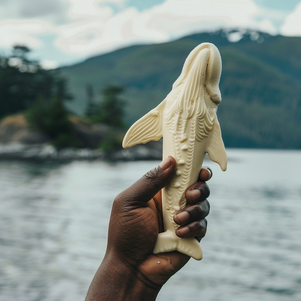 A hand holds a whale-shaped figurine against a scenic background of a lake and mountains