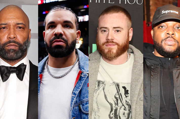 Joe Budden, Drake, Rory Farrell, and Jamil "Mal" Clay are pictured. Joe Budden wears a suit and bowtie, Drake wears a jacket, T-shirt, and necklace, Rory Farrell in a coat and T-shirt, and Jamil "Mal" Clay in a hoodie and cap
