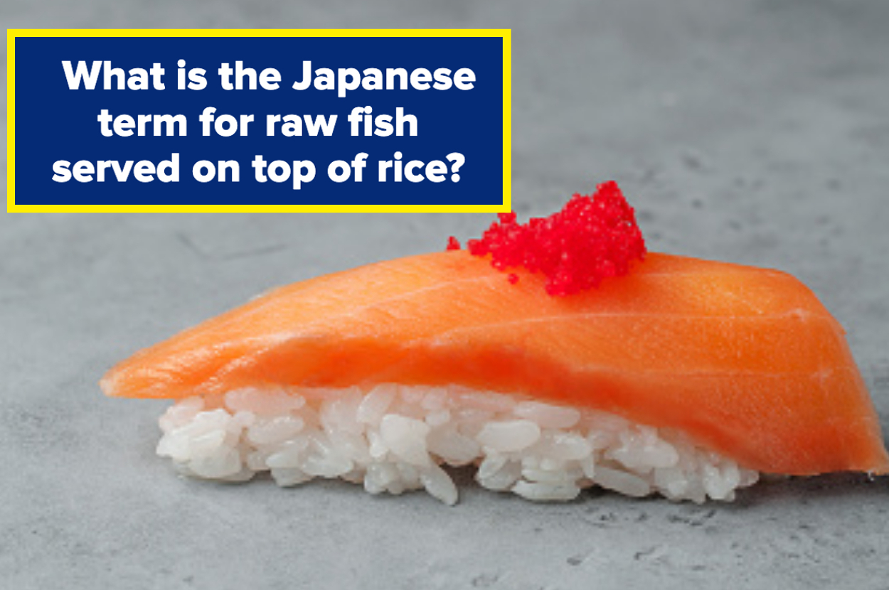 A piece of salmon sushi with red roe on top is shown. The image text asks, "What is the Japanese term for raw fish served on top of rice?"