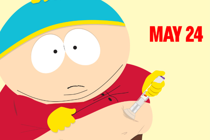 Cartman injects himself next to text "The End of Obesity" and "May 24." Next, Sharon and Cartman stand together in a room