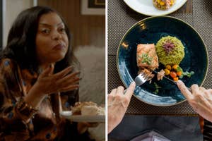 Taraji P. Henson gesturing while holding a plate with dessert; hands cutting into a meal, featuring salmon and green rice, on a dark plate