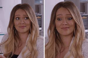 Hilary Duff, in a light top, is making two different facial expressions side by side, conveying skepticism and mild amusement