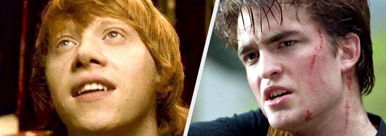 Rupert Grint and Robert Pattinson from "Harry Potter" series. Text reads: "Who does he fall in love with?"
