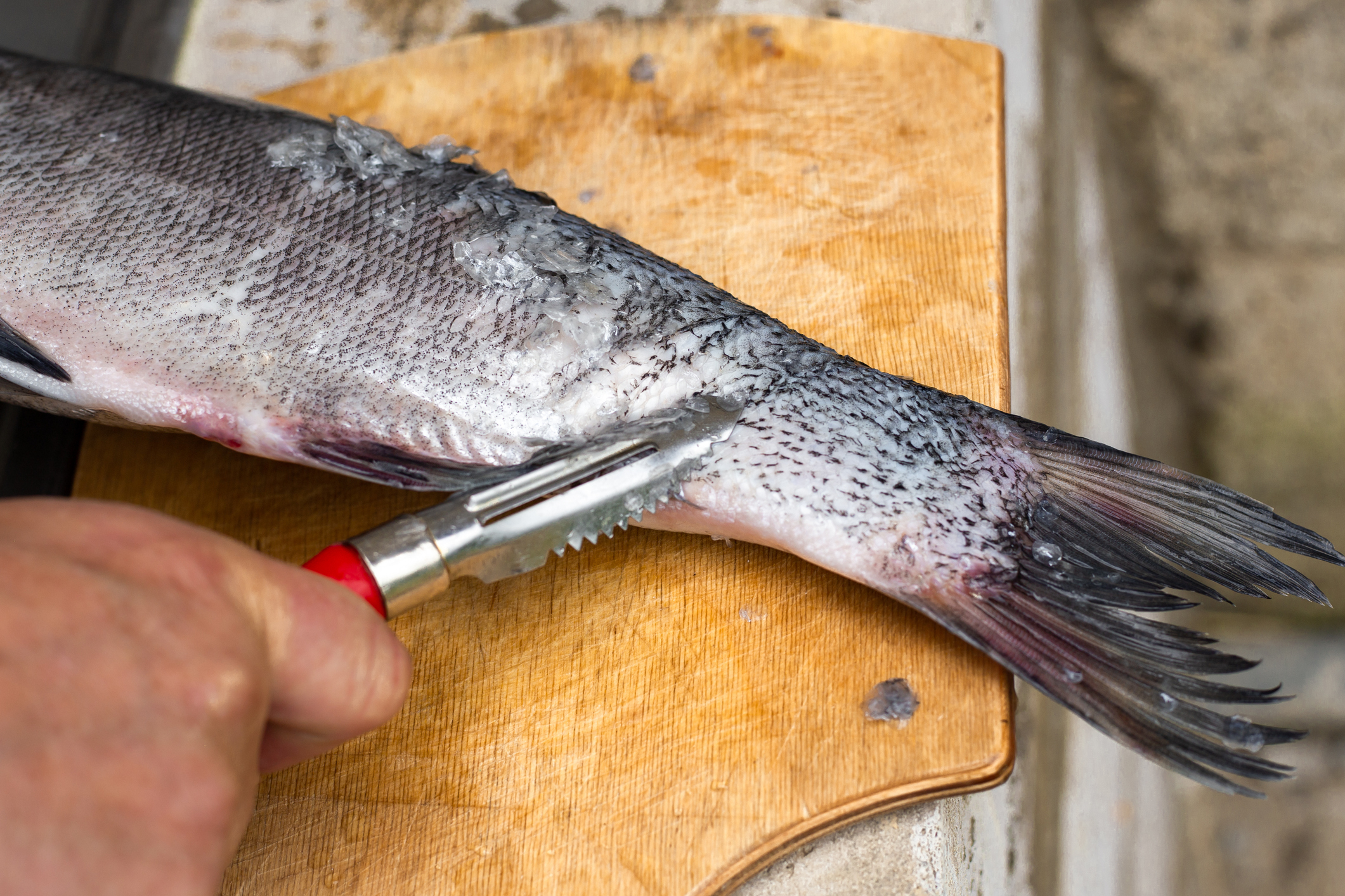 Close-up of a person scaling a fish on a wooden cutting board using a fish scaler with a red handle