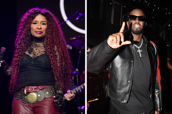 Chaka Khan performs on stage wearing a black lace top and red pants. Sean "Diddy" Combs poses in a black leather jacket and sunglasses, holding up an "L" sign
