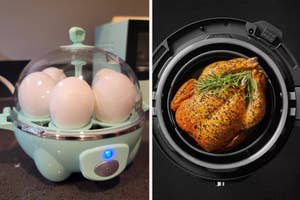 An egg cooker with five eggs on the left and a fully roasted chicken with herbs on top in a pressure cooker on the right