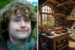 Pippin from "The Lord of the Rings" next to a cozy rustic kitchen interior with wooden furniture and various pots and pans