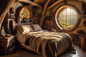 A cozy bedroom with a wooden bed covered in blankets and pillows, set in a fantasy-themed, rustic space with circular windows offering a scenic view of rolling hills