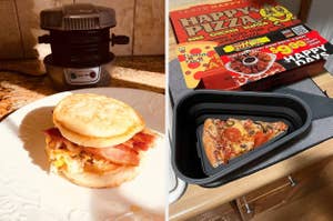 Left: breakfast sandwich maker machine behind egg, bacon, and cheese on English muffin. Right: microwaveable pizza serving tray
