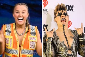 JoJo Siwa is seen in two different outfits: on the left, in a sequined vest, and on the right, in a black and silver, rock-inspired costume with face paint