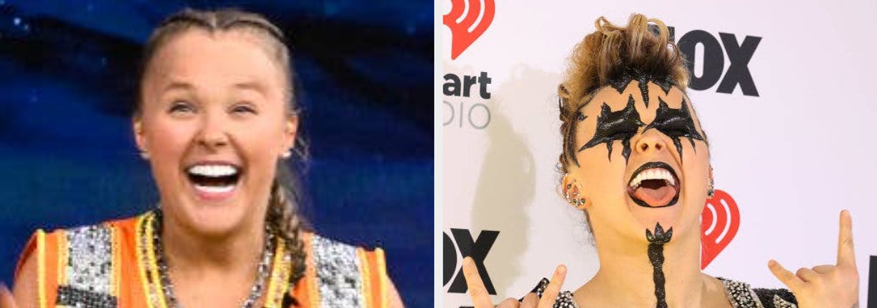 JoJo Siwa is seen in two different outfits: on the left, in a sequined vest, and on the right, in a black and silver, rock-inspired costume with face paint