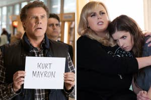 Will Ferrell holding a sign that says "KURT MAYRON", Rebel Wilson and Anna Kendrick hugging with tense faces in a side-by-side photo