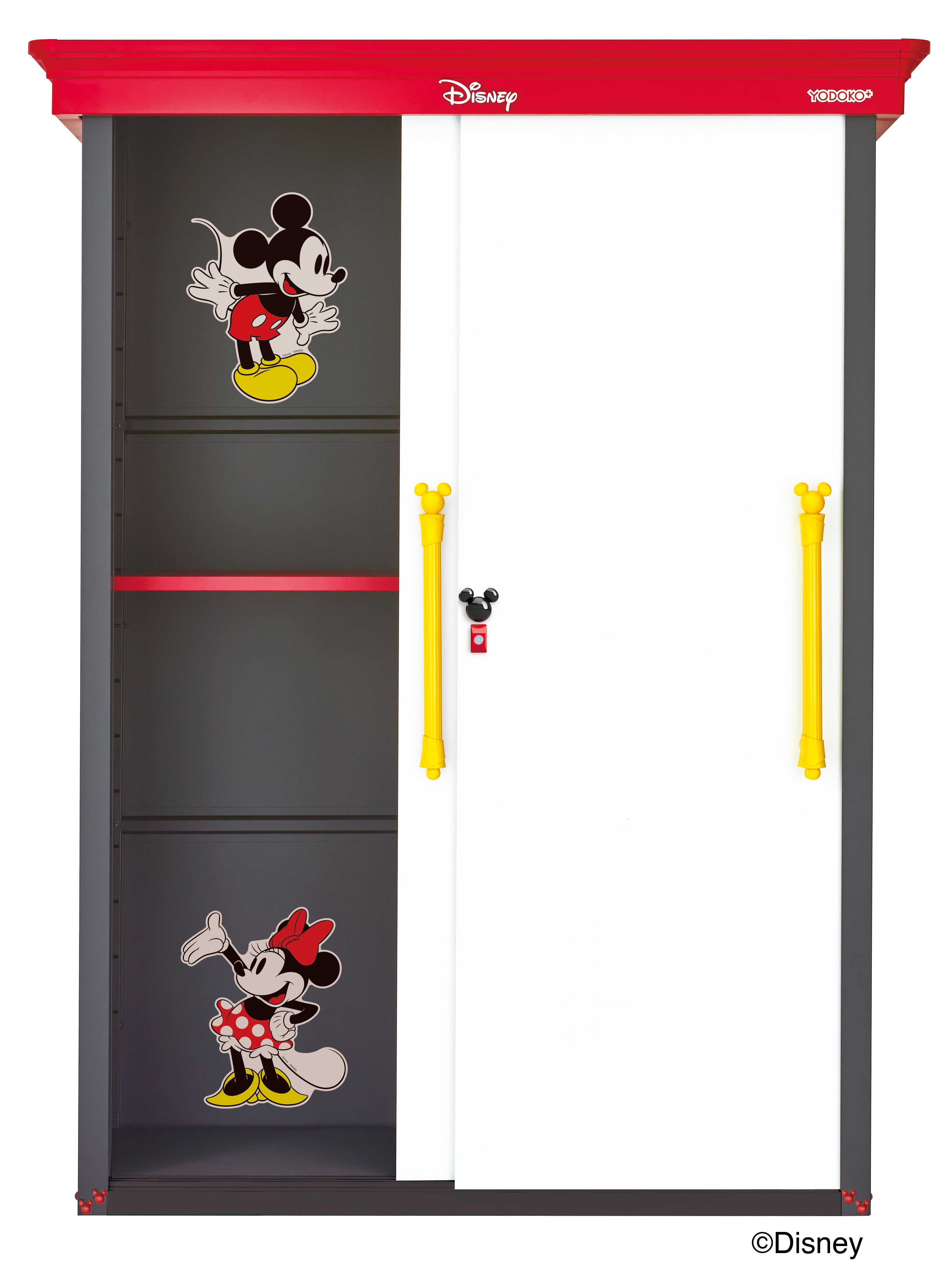 ディズニーのミッキーマウスとミニーマウスが描かれたキャビネット。ディズニーのロゴが上部に表示されています。