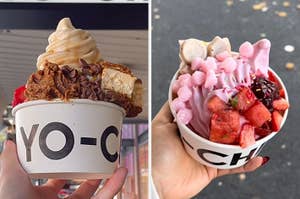 Two hands hold frozen yogurt bowls with assorted toppings. Left bowl has yogurt with bananas, nuts, and chocolate; right bowl has pink yogurt with berries and sprinkles