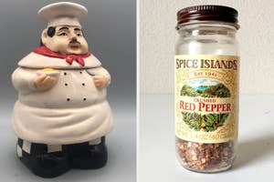 A ceramic chef cookie jar stands next to a bottle of Spice Islands crushed red pepper