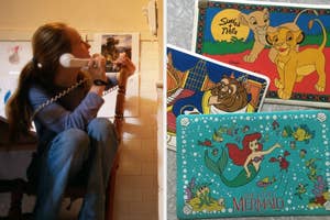 A person sits while speaking on a corded phone. To the right, there are various 90s animated movie memorabilia, including The Lion King, Beauty and the Beast, and The Little Mermaid
