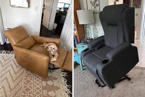 Side-by-side images of two recliners, one with a dog lying on it and the other without