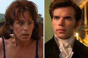 Two images side-by-side: Left shows Sigourney Weaver with a surprised expression and pigtails; Right shows Nicholas Hoult in period attire, looking serious