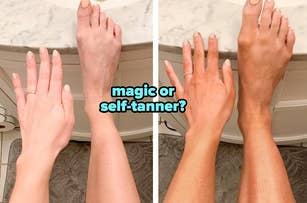 reviewer before photo of pale skin / after using self-tanner, skin is glowing and tan