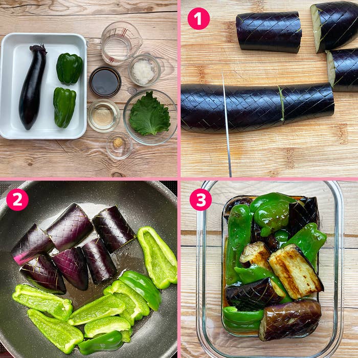 調理手順: (1)材料のナスとピーマンを準備し、ナスを切る。(2)切ったナスとピーマンをフライパンで炒める。(3)炒めた野菜を容器に移す。