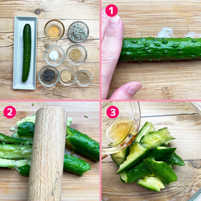 料理手順：1. 塩とごま油をまぶしたきゅうり。2. きゅうりを叩いて潰す。3. 調味料をかけて和える。