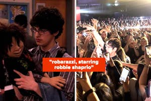 Avan Jogia holding a puppet in a scene from "Victorious". On the right, Avan Jogia is surrounded by fans taking photos in a crowded venue. Text reads "robarazzi, starring robbie shapiro"