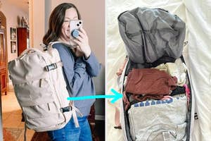 A woman takes a mirror selfie with a backpack on her shoulder. The second image shows the interior of the packed backpack with various clothes and items