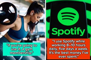 A woman lifting weights in a gym next to a phone with the Spotify logo and text: "If you're going to use it, a gym membership." and "I use Spotify while working 8-10 hours daily, five days a week. It's the best money I've ever spent."