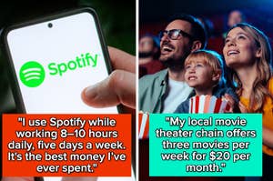 Image split in two: Left half shows Spotify app on a phone with caption about working 8-10 hours daily. Right half shows a family in a movie theater enjoying popcorn with caption about movie theater chain offer