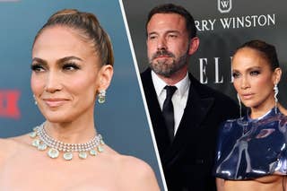 Jennifer Lopez and Ben Affleck on a red carpet. Lopez wears an elegant strapless dress and a statement necklace, while Affleck sports a classic black suit and tie