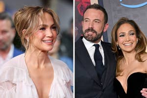 Jennifer Lopez poses on the red carpet in a white dress. In a second photo, Jennifer Lopez and Ben Affleck smile together at an event; Lopez wears a black dress