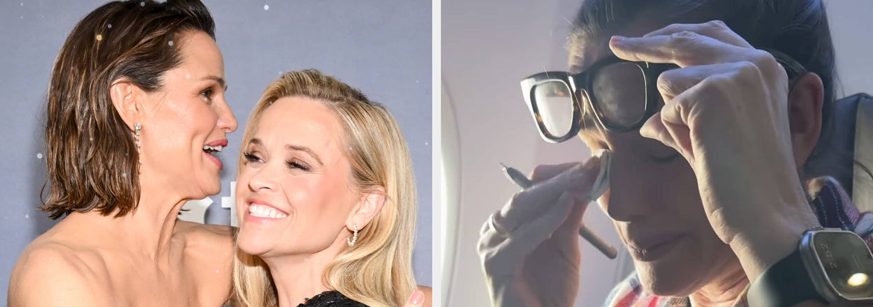Left: Jennifer Garner in a strapless white dress and Reese Witherspoon in a black dress hugging. Right: Woman in plaid shirt adjusting her glasses